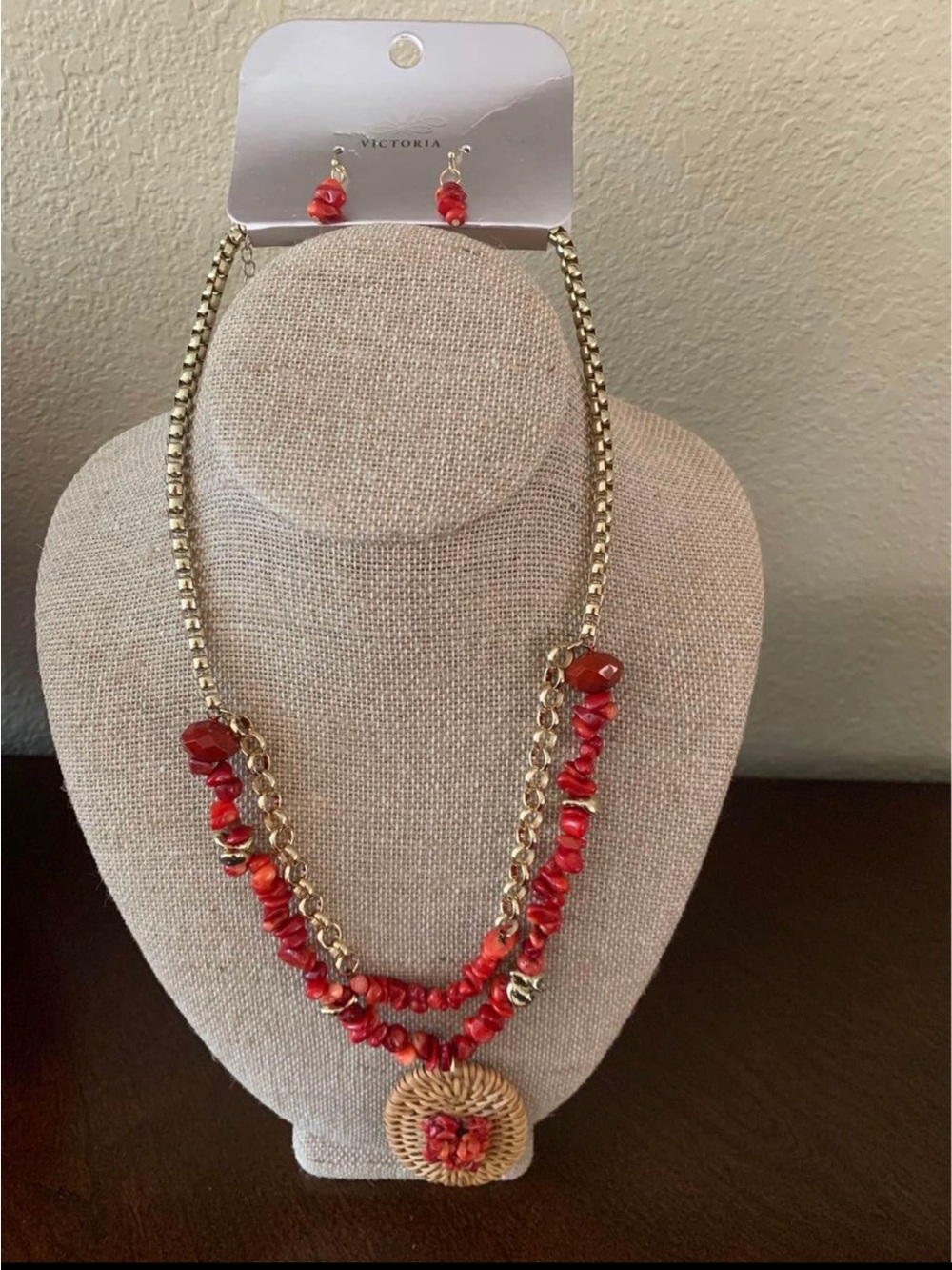 Red Beaded Multi-Strand Necklace and Earring Set